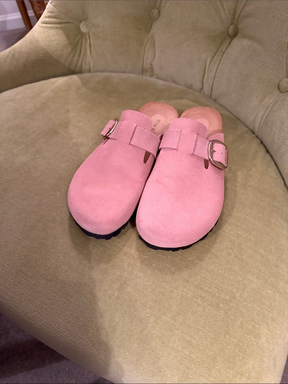 Suede Buckle Clog Mules in Soft Pink